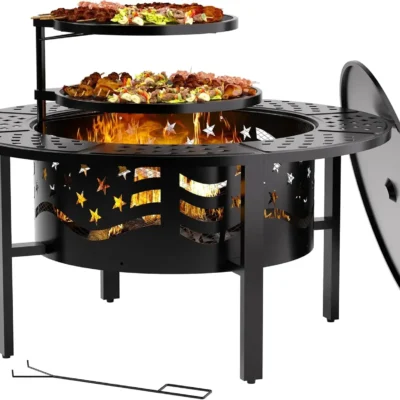 42" Outdoor Fire Pit with 2 Grills - Wood Burning Firepit for Outside