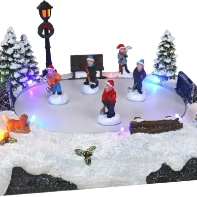 Animated Musical Christmas Village Hockey Skating Rink