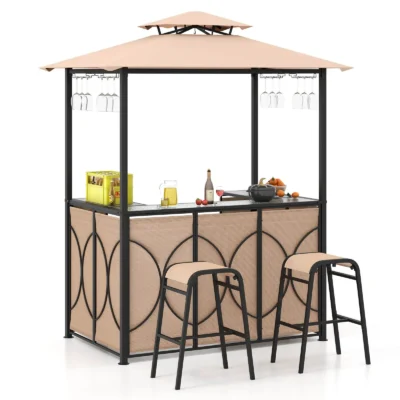 3 PCS Patio Bar Set with Tempered Glass Bar