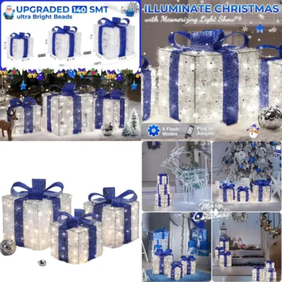 Illuminated Christmas Gift Boxes with 140 LEDs, 8 Light Modes & Timer, Indoor/Outdoor Decor Set of 3