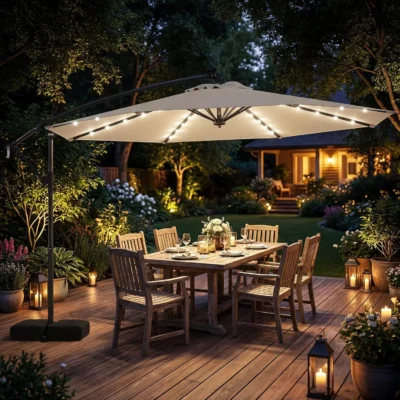 10ft Offset Cantilever Outdoor Umbrella with 32 LED Lights, Infinite Tilt,  Customized