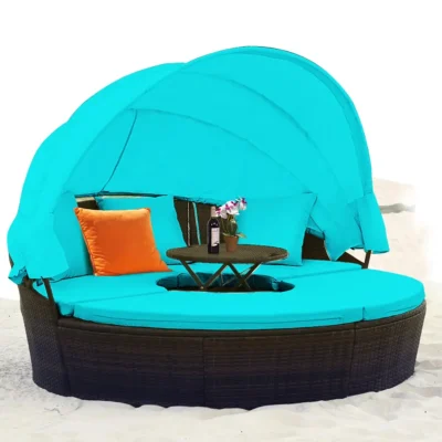 Patio Canopy Daybed Rattan Wicker Furniture Set Soft Cushions
